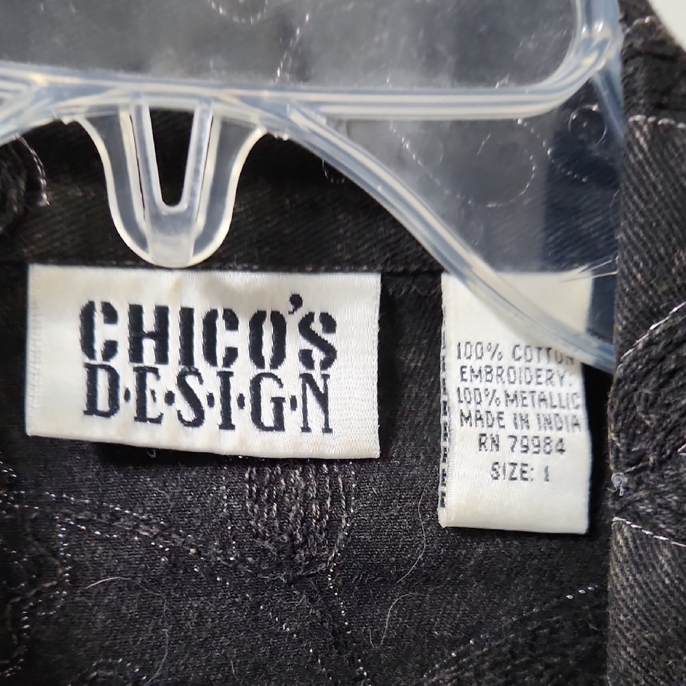 Chico's Black Floral Embroidered Jean Jacket - Picture 2 of 8